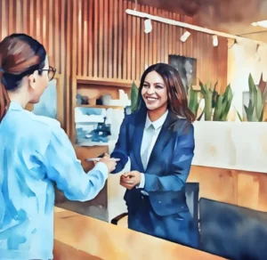 Hospitality manager en interaction avec un collaborateur dans les services aux bureaux